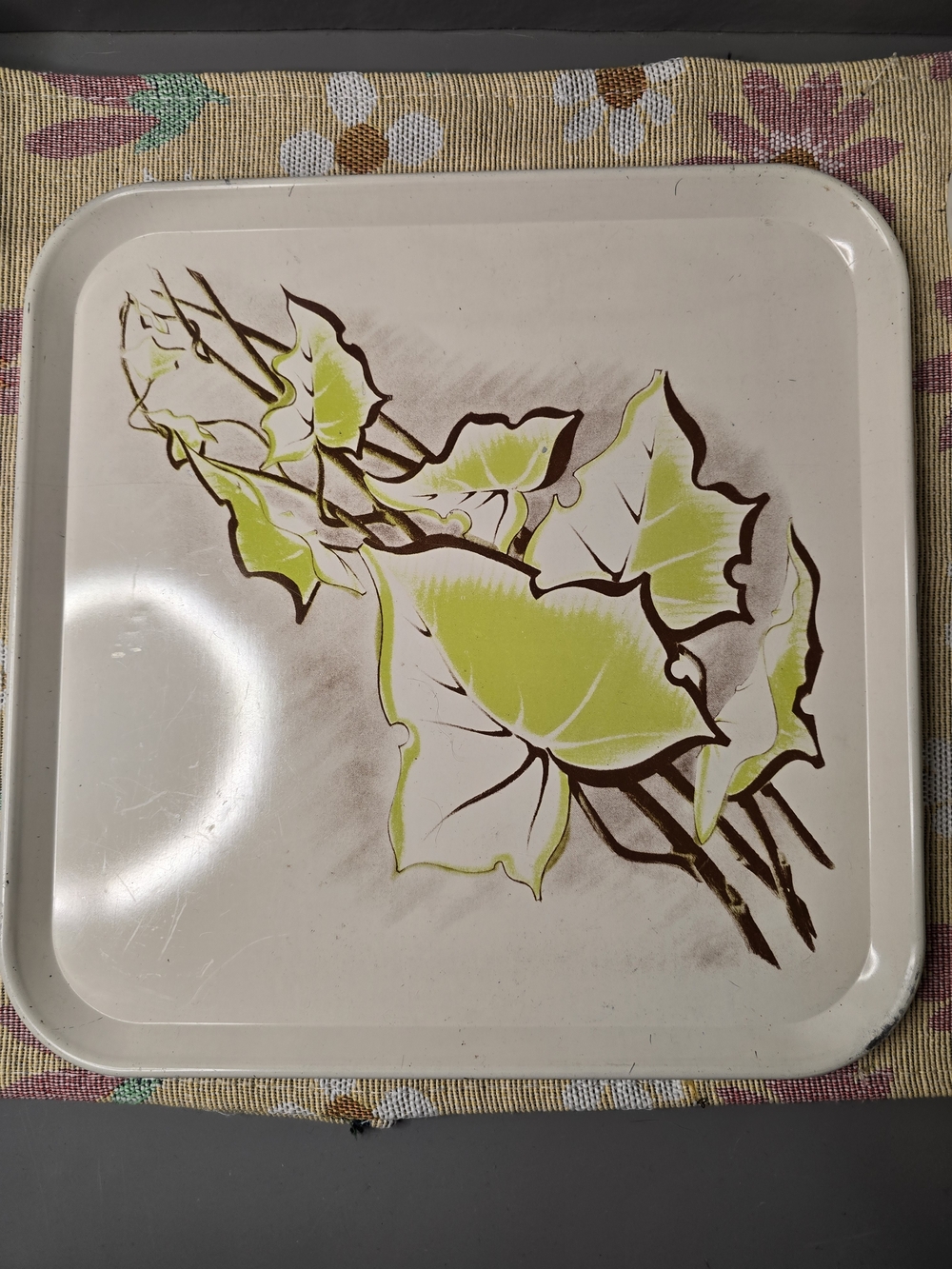 Vintage Botanical Leaf Metal Tray - Lime Green & Brown